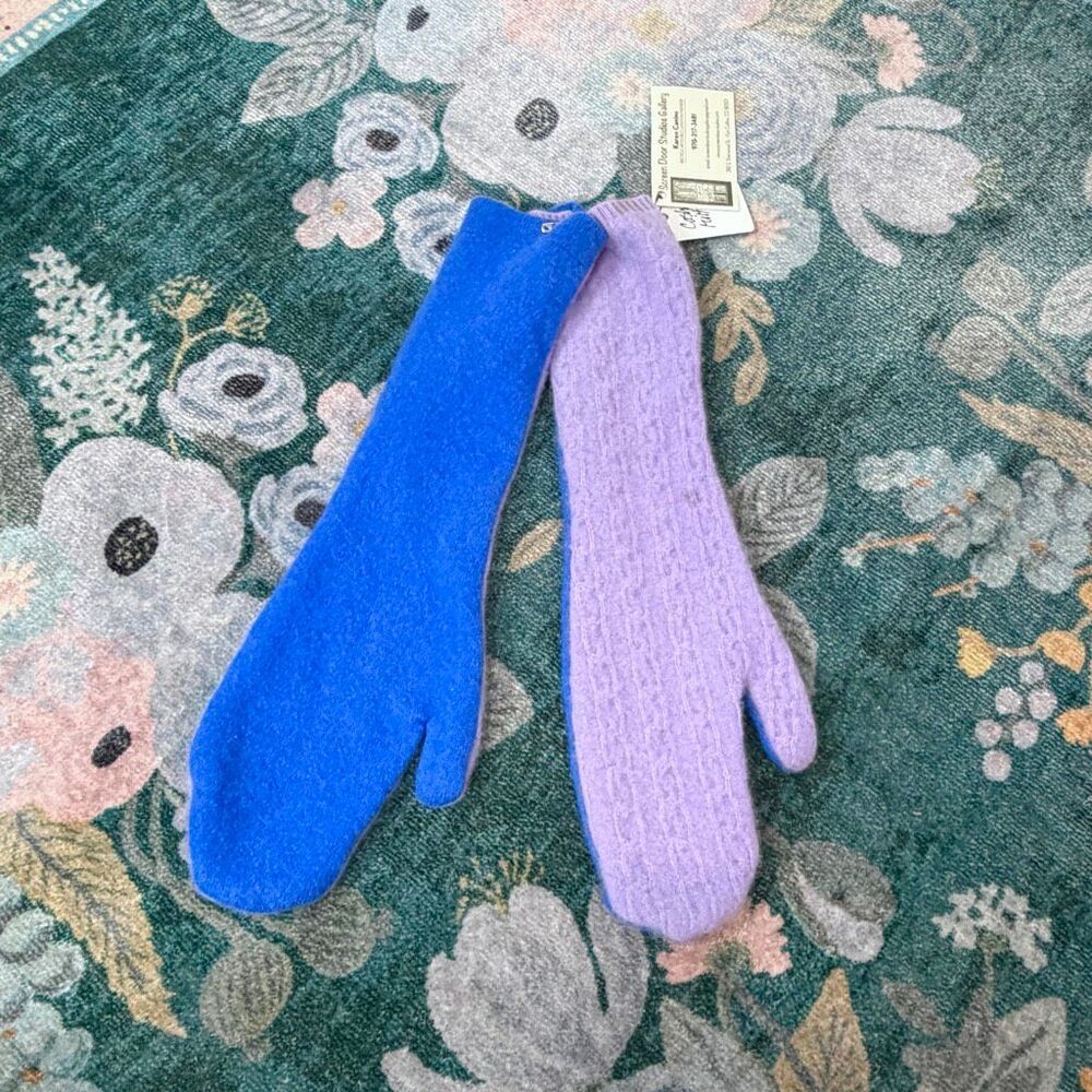 Cashmere Mittens Long Upcycled Handmade Blue Purple Knit Gloves Womens Adult NWT